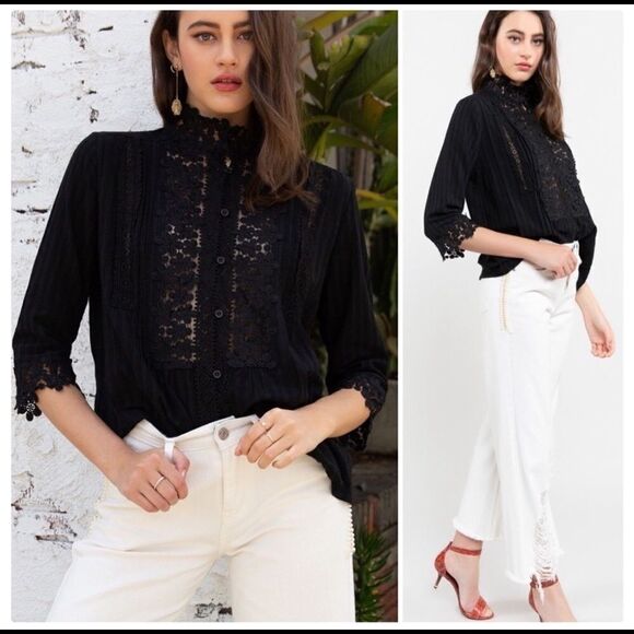 IVORY Floral Lace Mock Neck Blouse Flared Sleeves - Picture 7 of 14